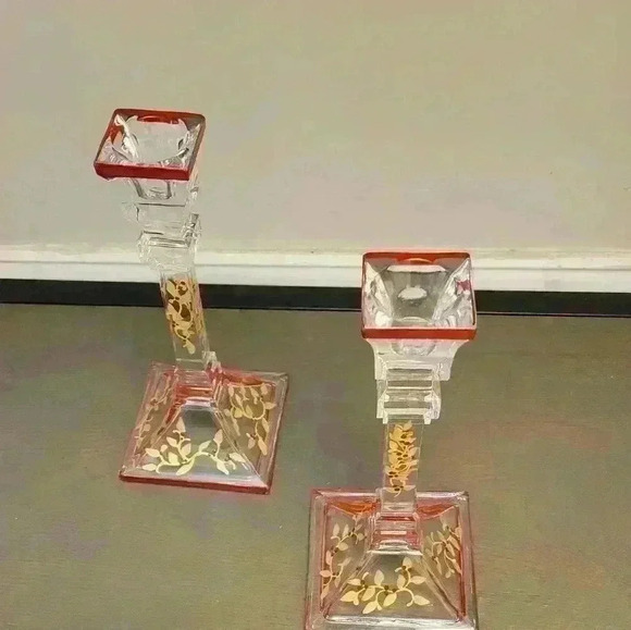 Pair-Hand painted Crystal Candlesticks - Picture 2 of 5